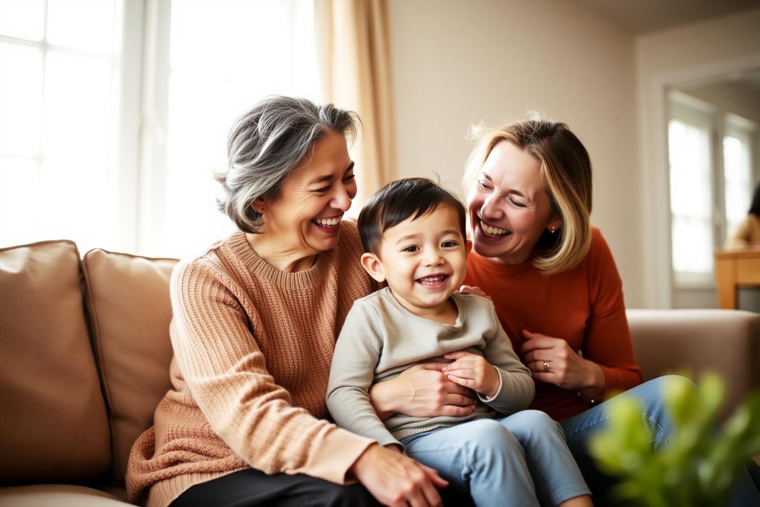 A grandmother, mother, and young child laughing together on a couch in a bright living room