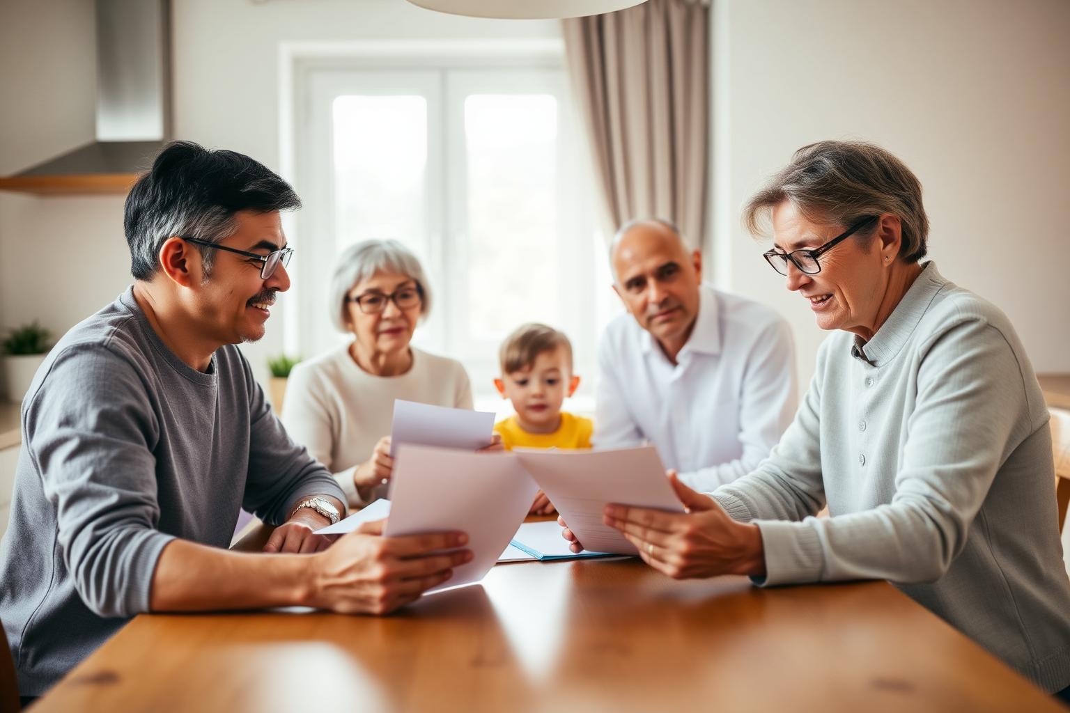 A multigenerational family reviewing financial paperwork together at a kitchen table