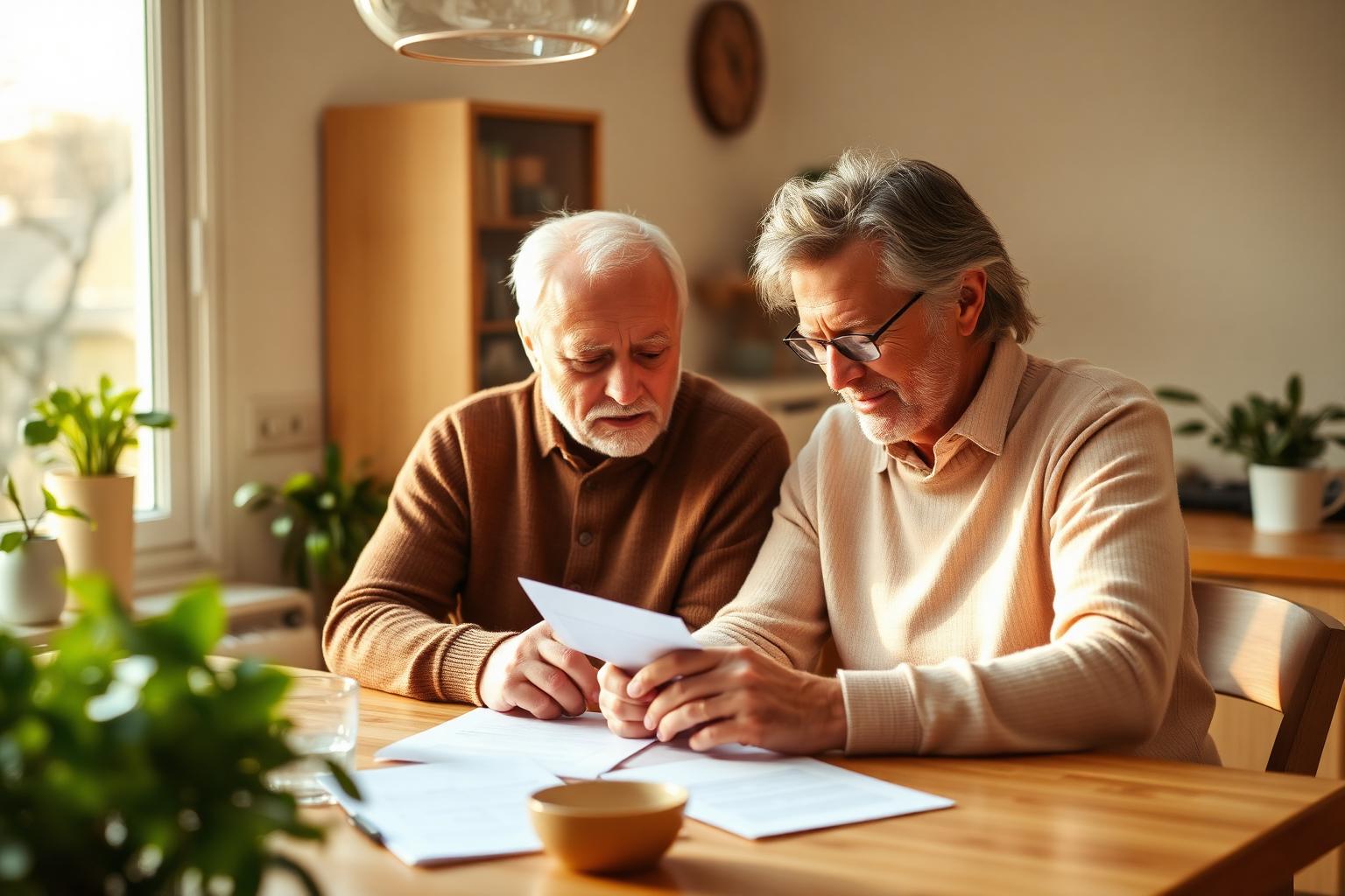 A couple sitting at a sunlit kitchen table reviewing insurance paperwork together