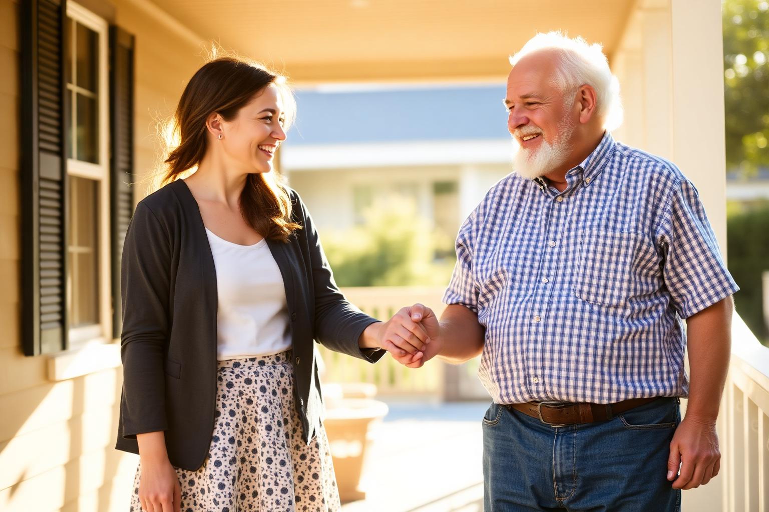 An adult daughter holding her elderly father's hand on a sunlit front porch, both smiling gently