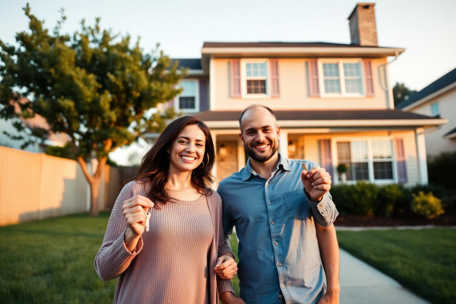 A couple smiling outside their new home holding house keys at sunset
