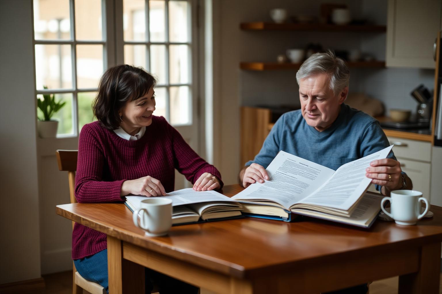 A middle-aged couple at a sunlit kitchen table comparing two open folders of insurance paperwork