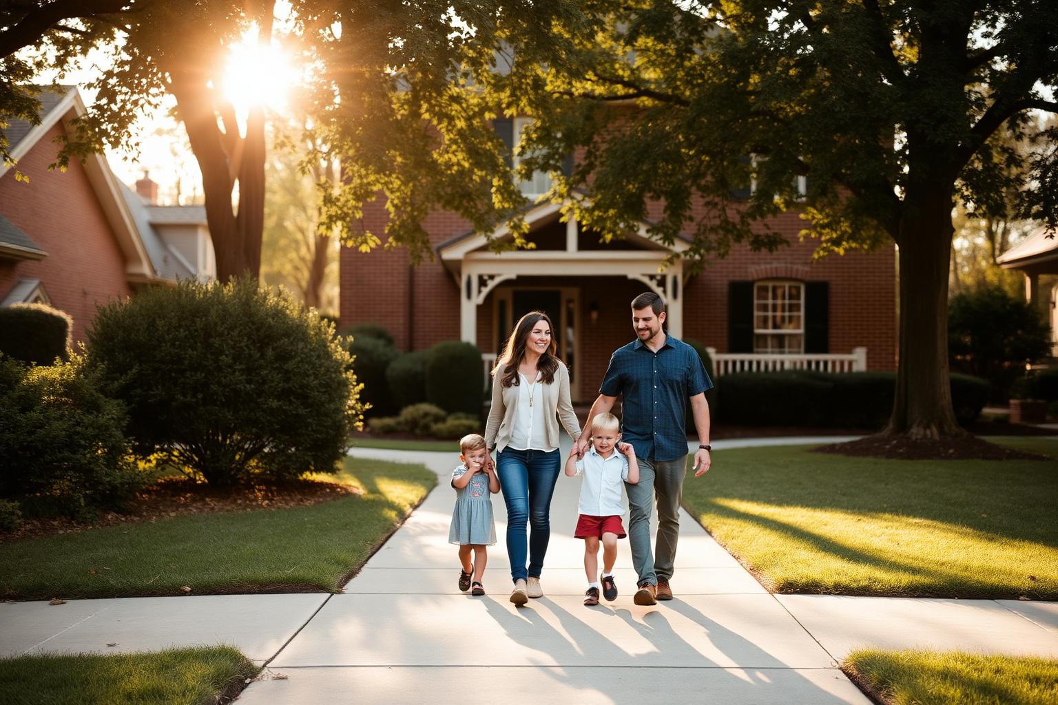 A young family walking together on a tree-lined sidewalk in front of a brick craftsman home in a Birmingham, Alabama neighborhood