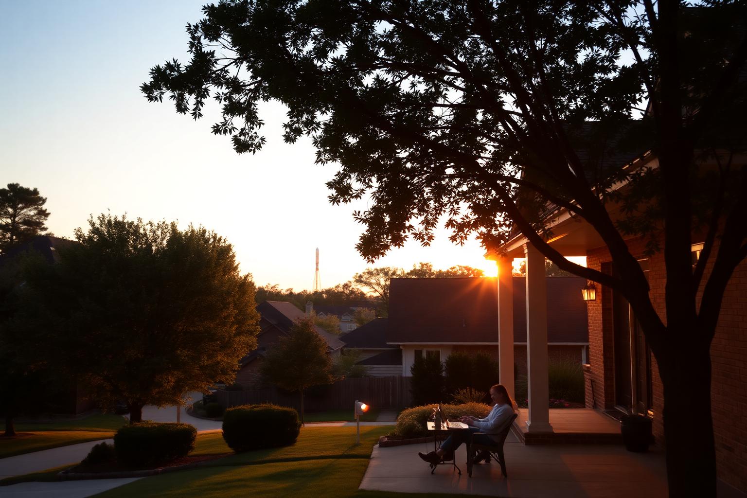 Golden hour view of a quiet Huntsville, Alabama neighborhood with mature trees and a family home