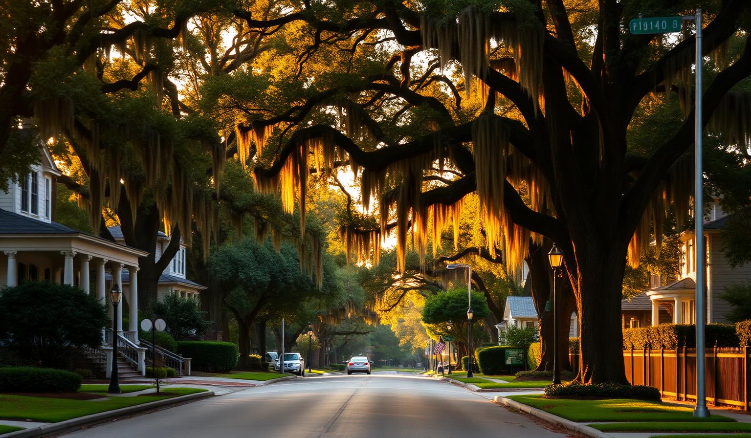Golden-hour view of a quiet historic Montgomery, Alabama street lined with mature oak trees draped in Spanish moss