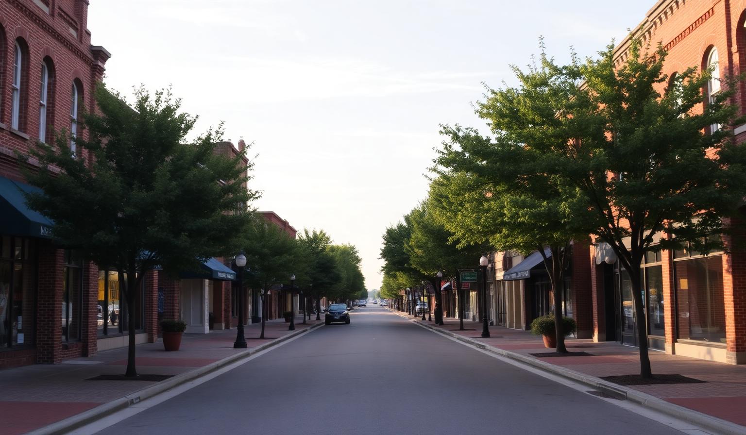 Warm afternoon view of a small-town Starkville, Mississippi main street with brick storefronts and tree-lined sidewalks